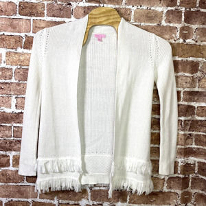 Lilly Pulitzer Open Front Cardigan Fringe Hem Long White Sweater Size Small Fall